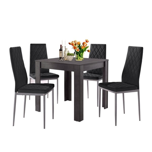 Set masă cu aspect de beton și 4 scaune negre Støraa Lori and Barak, 80 x 80 cm