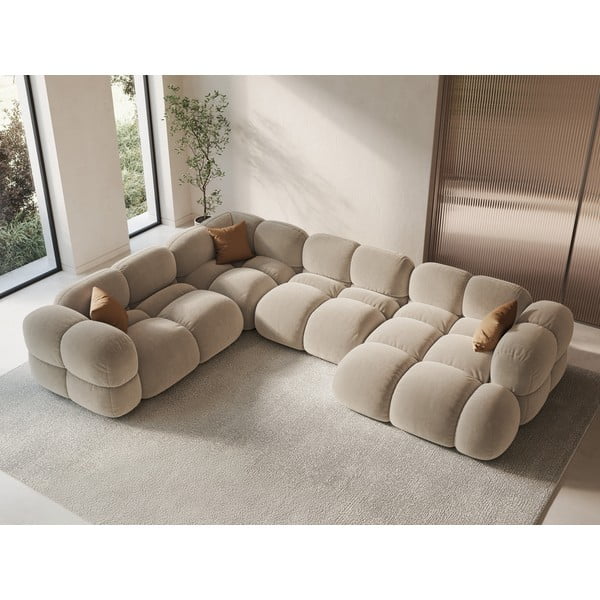 Colțar bej cu tapițerie din catifea (cu colț pe partea stângă/în formă de "U") Loretto – Cosmopolitan Design-image-1