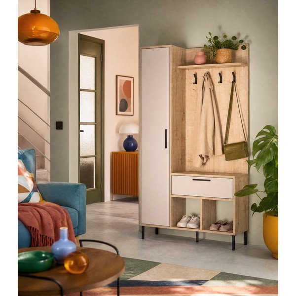 Set pentru hol crem/în culoare naturală cu aspect de lemn de stejar 108x195x35 cm Heidy – Marckeric-image-3