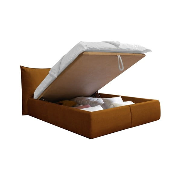 Pat matrimonial 160x200 cm galben ocru tapițat cu spațiu de depozitare cu somieră Jade – Bobochic Paris-image-3