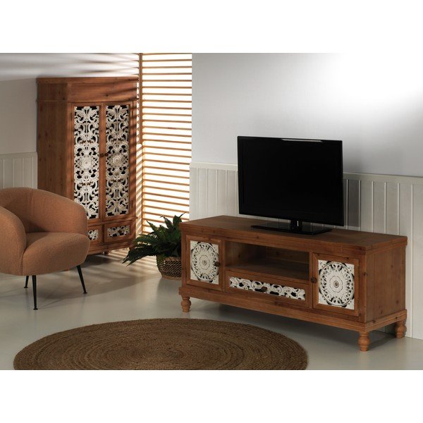 Comodă TV  albă-natural  din lemn de molid 140x58 cm Agrabah – Burkina-image-1