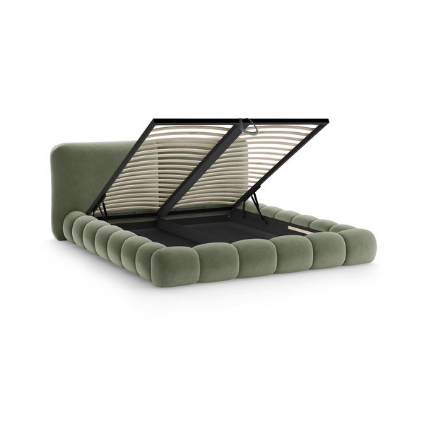 Pat matrimonial verde tapițat cu spațiu de depozitare cu somieră 200x200 cm Solange – Micadoni -image-2