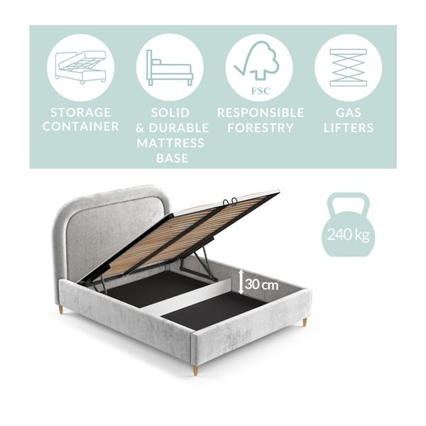 Pat matrimonial gri deschis tapițat cu spațiu de depozitare cu somieră 140x200 cm Mija – Maison de Rêve-image-3