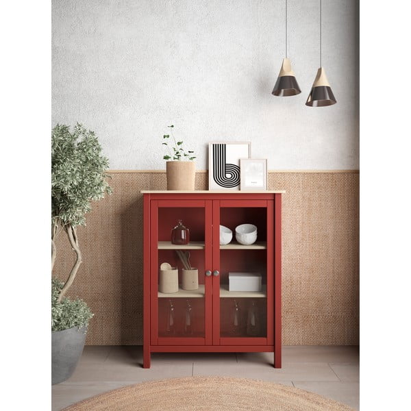 Vitrină roșu/natural din lemn de pin 90x110 cm Misti – Marckeric-image-1