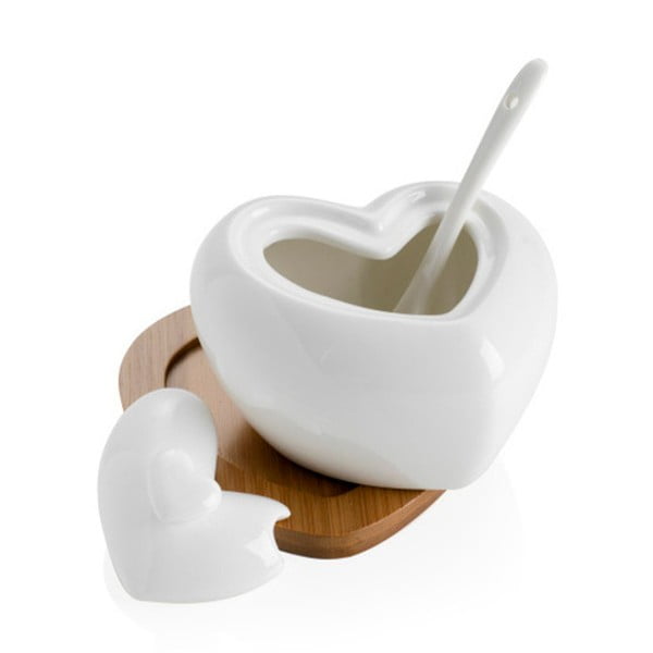 Zaharniță din porțelan cu linguriță și suport din bambus Brandani Heart-image-4