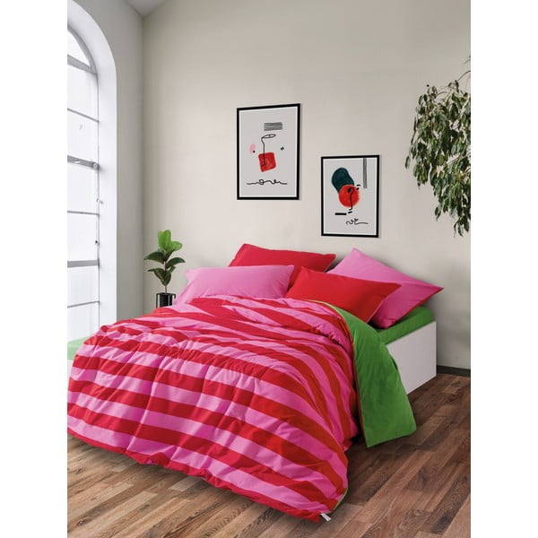 Lenjerie de pat verde-roz din bumbac ranforcé pentru pat dublu, extinsă, cu cearceaf inclus, cu 4 piese 200x220 cm Cherie – Mijolnir-image-2