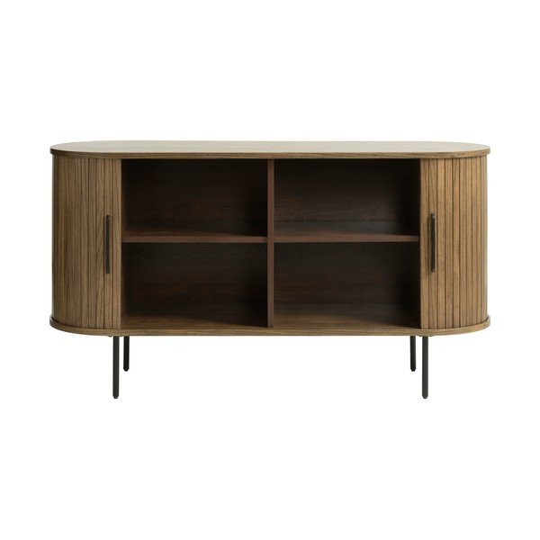 Comodă maro joasă cu aspect de lemn de stejar cu ușă glisantă 140x76 cm Nola – Unique Furniture-image-4