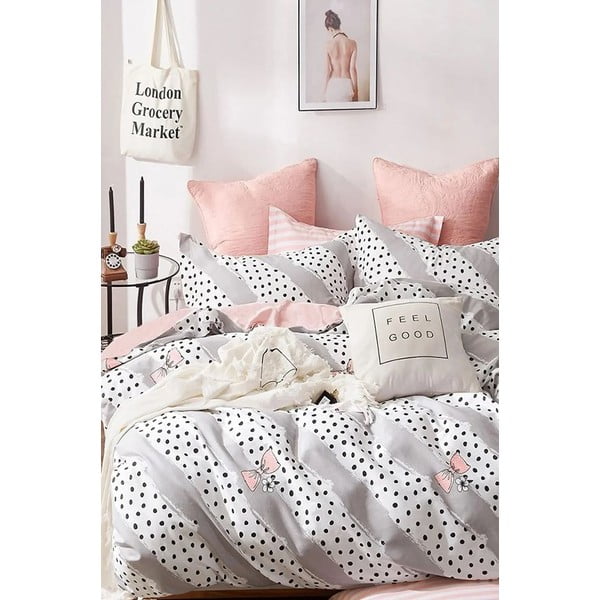 Lenjerie de pat albă/roz din bumbac pentru pat dublu/extinsă cu cearceaf inclus/cu 4 piese 200x220 cm Bow and Polka-Dot – Mila Home