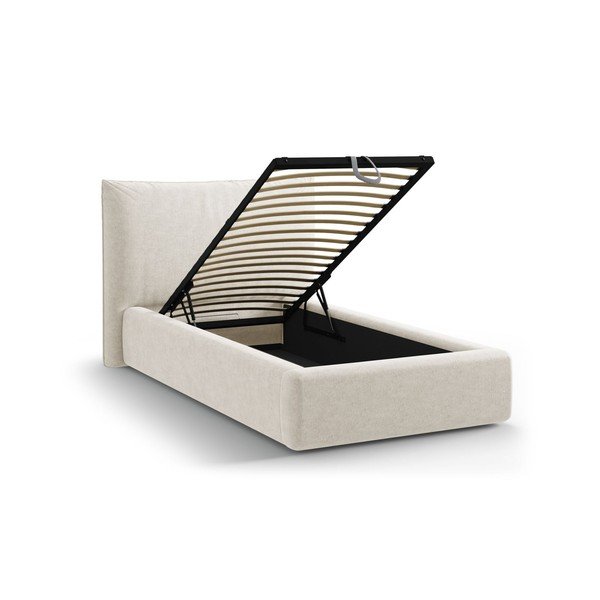 Pat crem tapițat cu spațiu de depozitare cu somieră 90x200 cm Kaelle – Micadoni -image-1