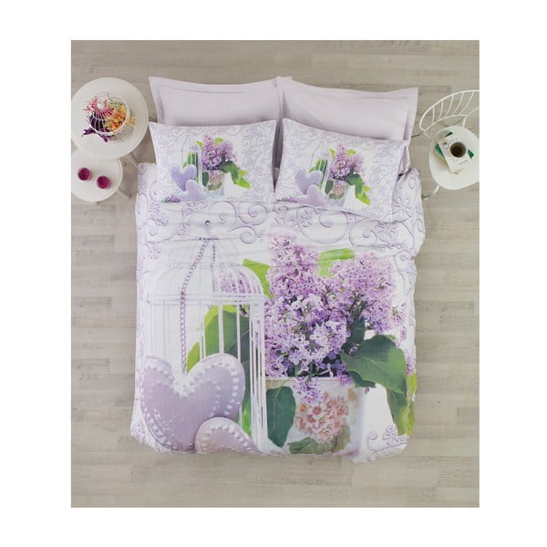 Lenjerie de pat cu cearșaf Lily Lilac, 200 x 220 cm