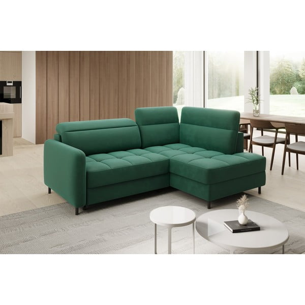 Colțar verde extensibil/cu spațiu de depozitare cu tapițerie din catifea (cu colț pe partea dreaptă/în formă de ”L”) Barea – ELTAP-image-3