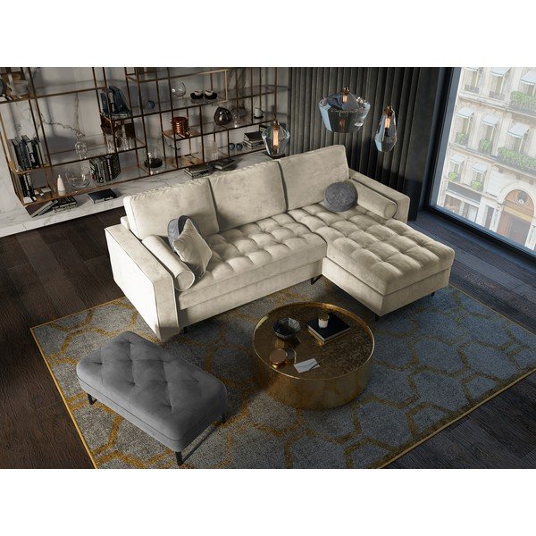 Colțar extensibil din catifea cu șezlong dreapta Milo Casa Santo, bej-image-1