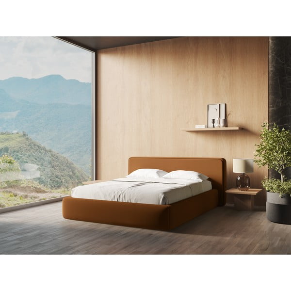 Pat matrimonial teracotă tapițat cu spațiu de depozitare cu somieră 180x200 cm Kiana – Makamii-image-1