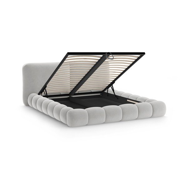 Pat matrimonial gri tapițat cu spațiu de depozitare cu somieră 200x200 cm Solange – Micadoni -image-2