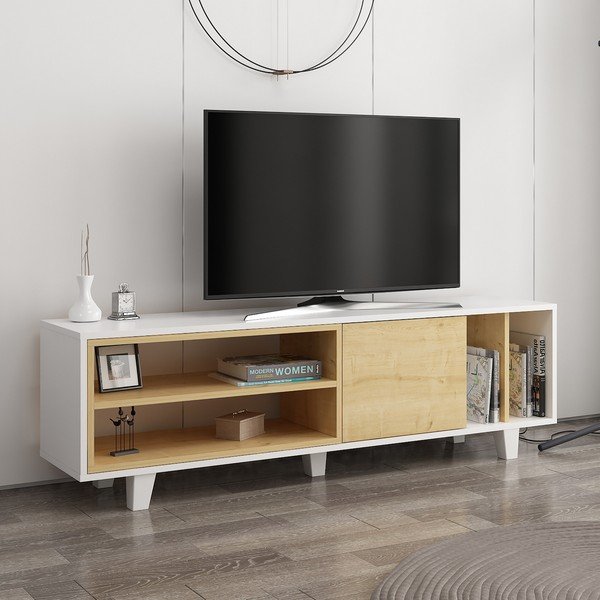 Comodă TV albă/cu aspect de lemn de stejar 160x49 cm Rosmar – Kalune Design-image-1