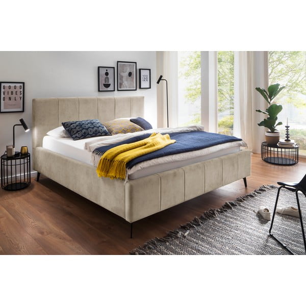 Pat matrimonial bej tapițat cu spațiu de depozitare cu somieră 160x200 cm Lizzano – Meise Möbel-image-1