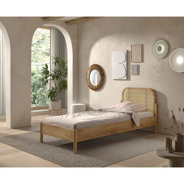 Pat în culoare naturală din lemn de stejar cu somieră 90x200 cm Olive Rotan – Vipack-image-1