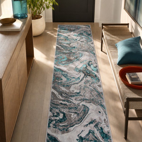 Covor tip traversă gri/turcoaz 80x300 cm Marbled – Flair Rugs-image-2