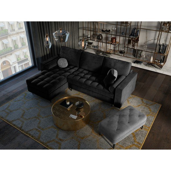 Colțar extensibil din catifea cu șezlong stânga Milo Casa Santo, negru-image-1