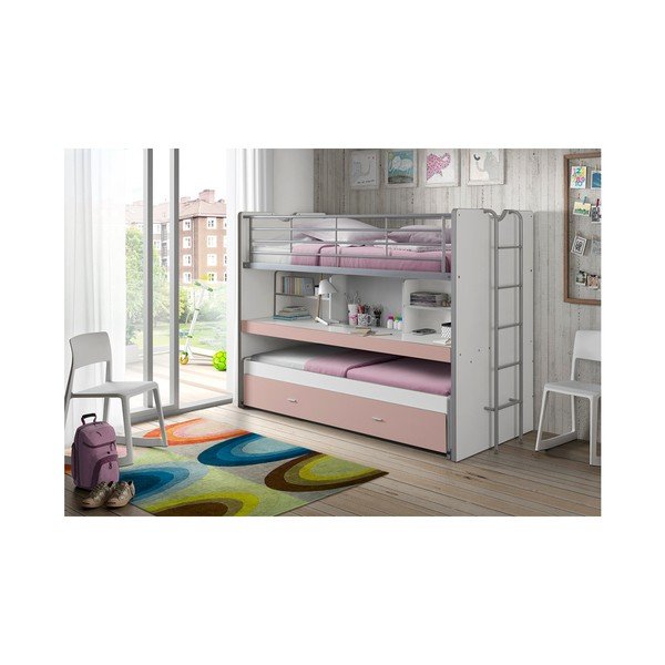 Pat pentru copii  alb/roz supraetajat/cu extensie suplimentară cu spațiu de depozitare cu somieră 90x200 cm Bonny – Vipack-image-1