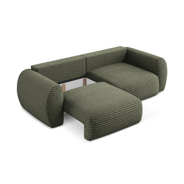 Canapea verde extensibilă/cu spațiu de depozitare cu tapițerie din catifea reiată  266 cm Kini – Makamii-image-3
