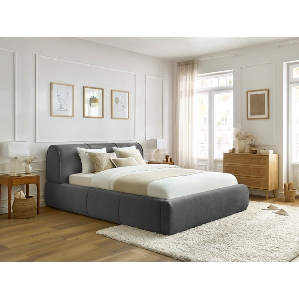 Pat matrimonial gri tapițat cu spațiu de depozitare și somieră 180x200 cm Vernon – Bobochic Paris-image-1