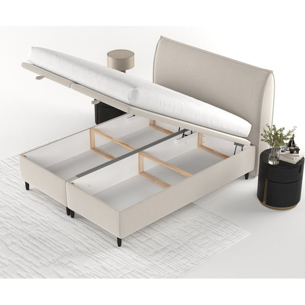 Pat matrimonial bej tapițat cu spațiu de depozitare 160x200 cm Pearl – Maison de Rêve-image-3