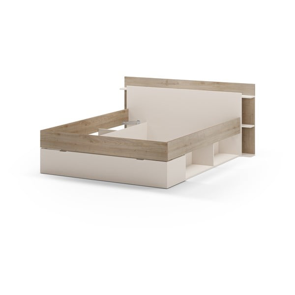 Pat matrimonial alb/în culoare naturală cu aspect de lemn de stejar cu spațiu de depozitare fără somieră 160x200 cm Albo – Marckeric-image-4