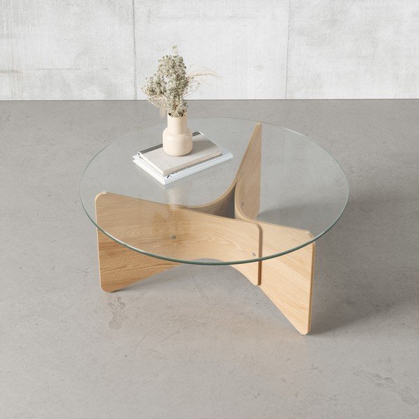 Măsuță de cafea în culoare naturală rotundă cu blat din sticlă ø 84 cm Madera – Umbra-image-1