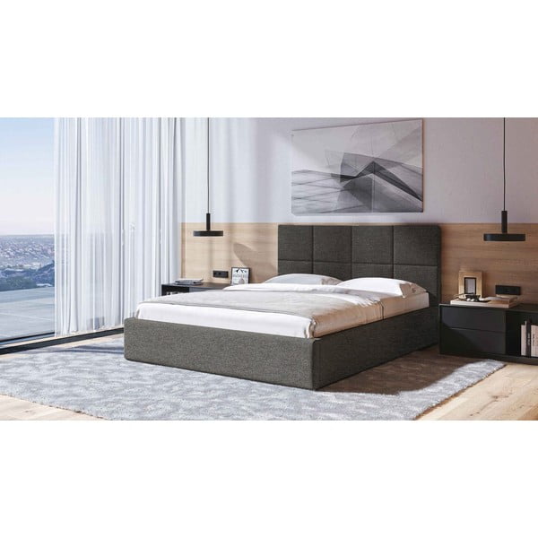 Pat matrimonial gri antracit tapițat cu spațiu de depozitare cu somieră 180x200 cm Bufo – MESONICA-image-1