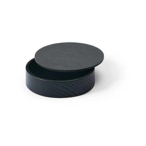 Cutie de depozitare neagră-gri antracit din lemn și din piele ecologică cu capac, decorativă ø 11x3,5 cm Circle Nupo – LIND DNA-image-1