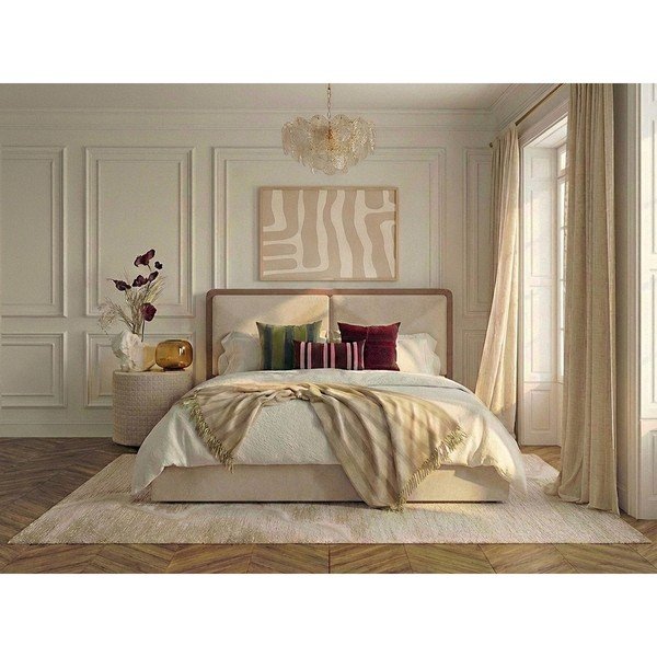 Pat matrimonial bej/roz prăfuit tapițat cu spațiu de depozitare cu somieră 180x200 cm Mara – Bobochic Paris-image-1