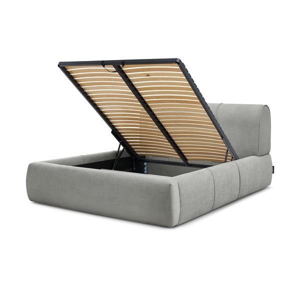 Pat matrimonial gri deschis tapițat cu spațiu de depozitare și somieră 180x200 cm Vernon – Bobochic Paris-image-4
