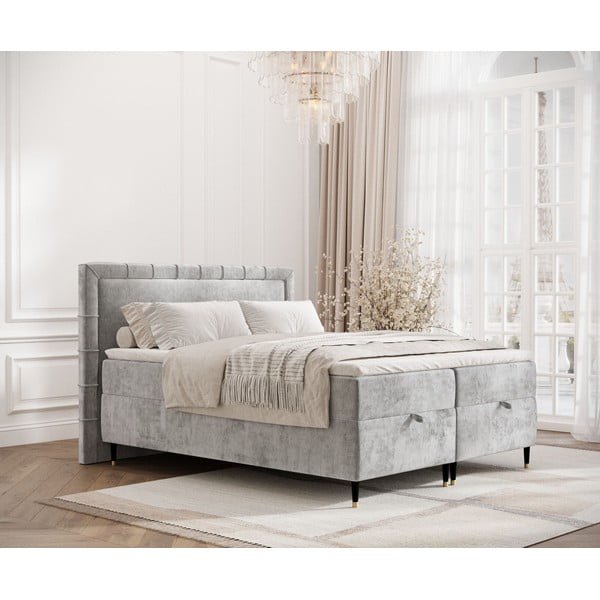 Pat boxspring gri deschis cu spațiu de depozitare 180x200 cm Voyage – Maison de Rêve-image-1