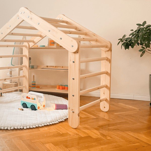 Triunghi Pikler de cățărat roz/în culoare naturală din lemn de pin 112x61x94 cm Montessori – Meowbaby-image-1