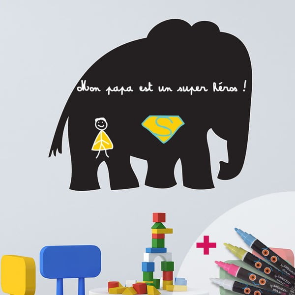 Set autocolant tip tăbliță de scris și 4 markere Ambience Elephant