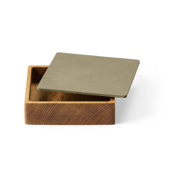 Cutie de depozitare verde-în culoare naturală din lemn și din piele ecologică cu capac, decorativă 11x11x3,5 cm Square Nupo – LIND DNA-image-1