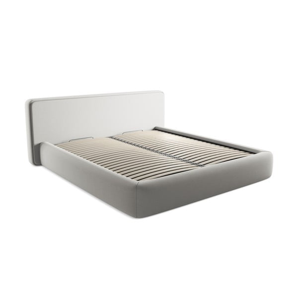 Pat matrimonial gri deschis tapițat cu spațiu de depozitare cu somieră 180x200 cm Kiana – Makamii