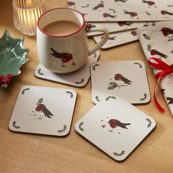 Coasters bej/verde salvie 4 buc.  cu model de Crăciun Robin's Retreat – Cooksmart ®-image-1