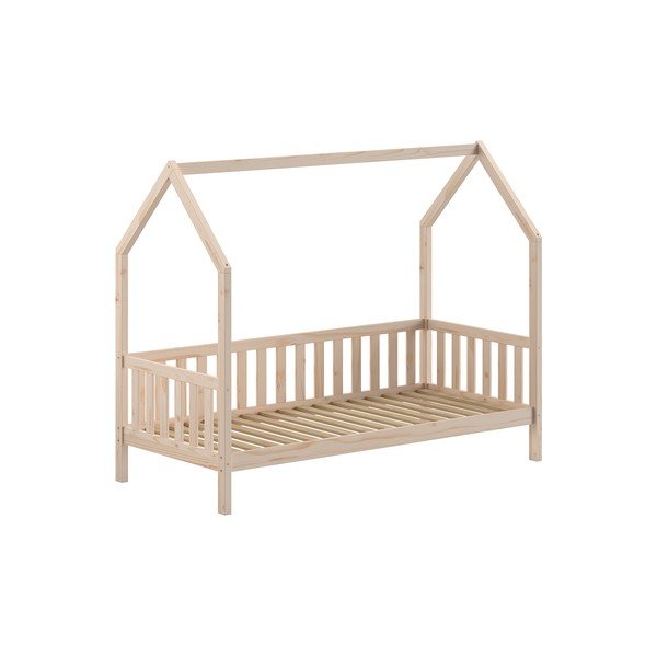 Pat pentru copii  în culoare naturală de tip casă din lemn de pin cu somieră 90x200 cm Cabane – Vipack