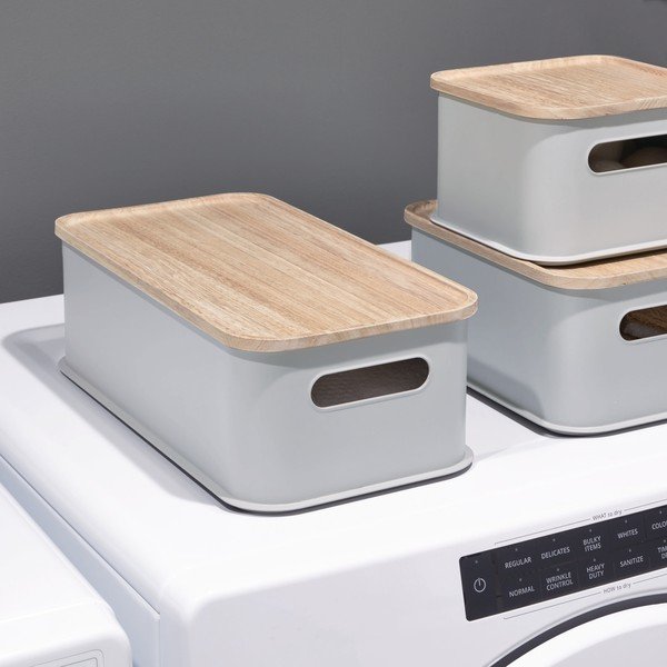 Cutie depozitare cu capac din lemn paulownia iDesign Eco Handled, 21,3 x 43 cm, gri-image-1