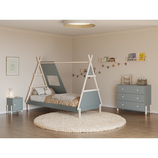 Pat pentru copii  verde prăfuit de tip casă din lemn de pin cu somieră 90x200 cm Enola – Marckeric-image-1