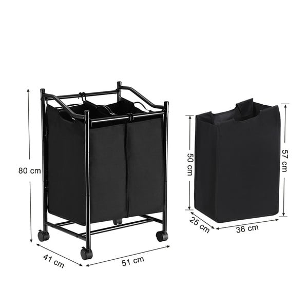 Coș de rufe cu roți și 2 compartimente Songmics, negru-image-2