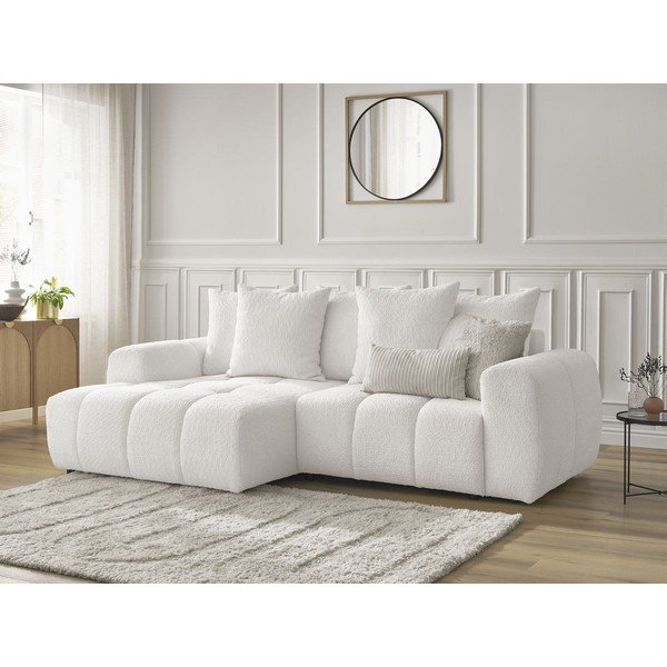 Colțar alb extensibil/cu spațiu de depozitare cu tapițerie din țesătură bouclé (cu colț pe partea stângă/cu șezlong) Roxelane – Bobochic Paris-image-4