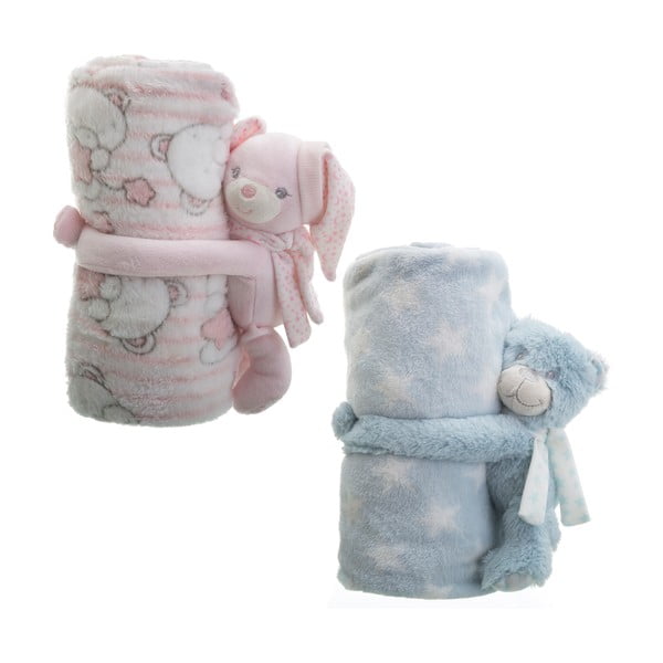 Set 2 pături pentru copii cu jucărie de pluș Unimasa Beary, 100 x 75 cm