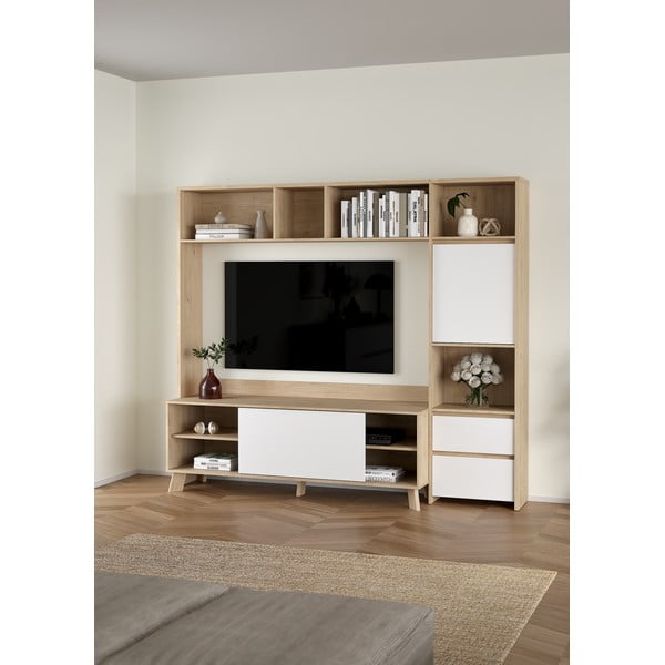 Set TV alb-în culoare naturală cu aspect de lemn de stejar 209x183x48 cm Next – Tvilum-image-1