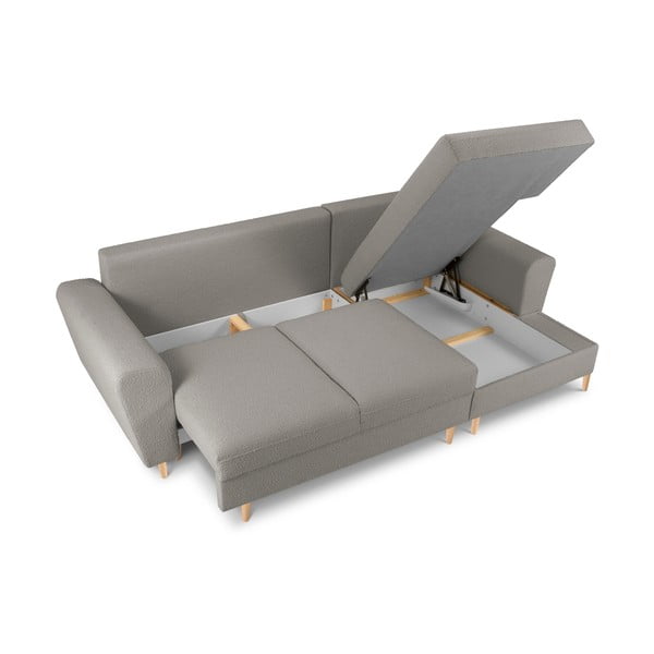Colțar gri deschis extensibil, cu spațiu de depozitare cu tapițerie din țesătură bouclé (cu colț pe partea dreaptă, cu șezlong) Kyoto – Cosmopolitan Design-image-3