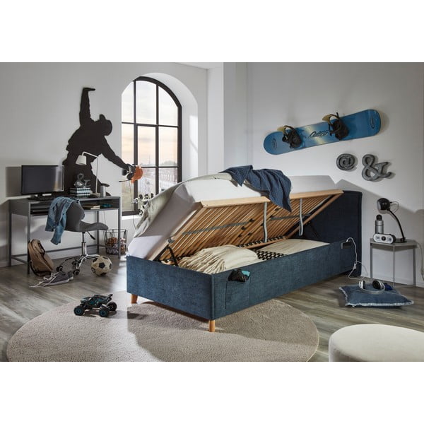 Pat pentru copii  albastru închis tapițat cu spațiu de depozitare cu somieră 90x200 cm Fun – Meise Möbel-image-4