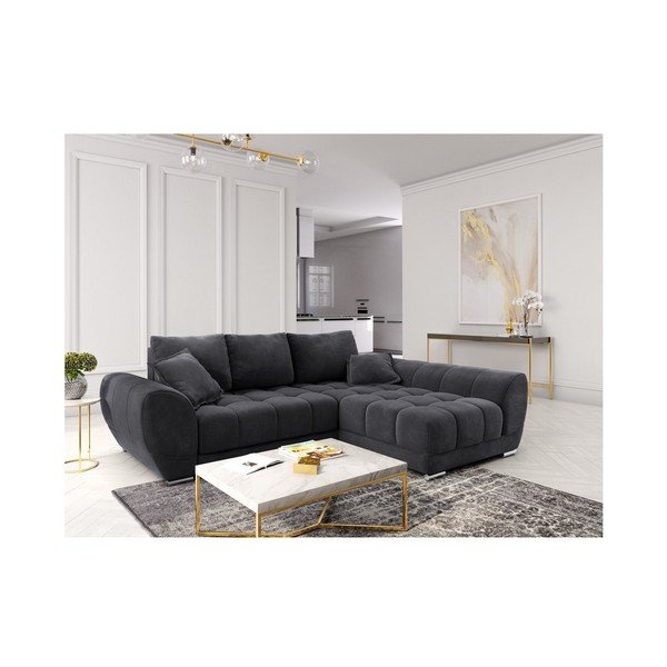Colțar extensibil cu tapițerie de catifea și șezlong pe partea dreaptă Windsor & Co Sofas Nuage, gri închis-image-1