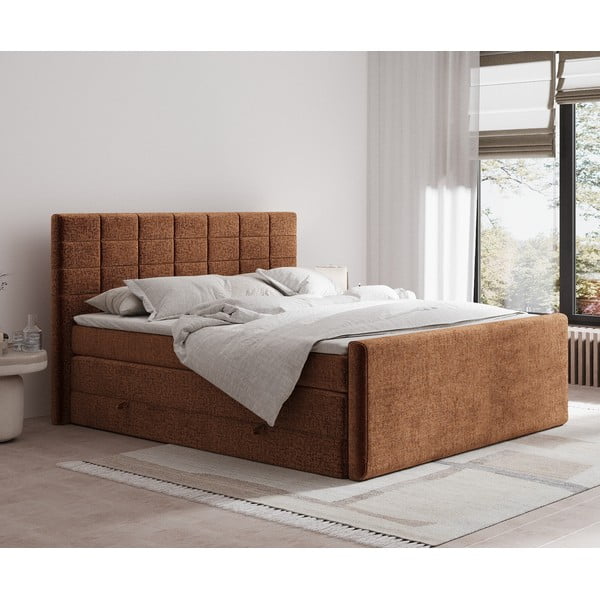 Pat boxspring portocaliu cu spațiu de depozitare 140x200 cm Ava – Maison de Rêve-image-1